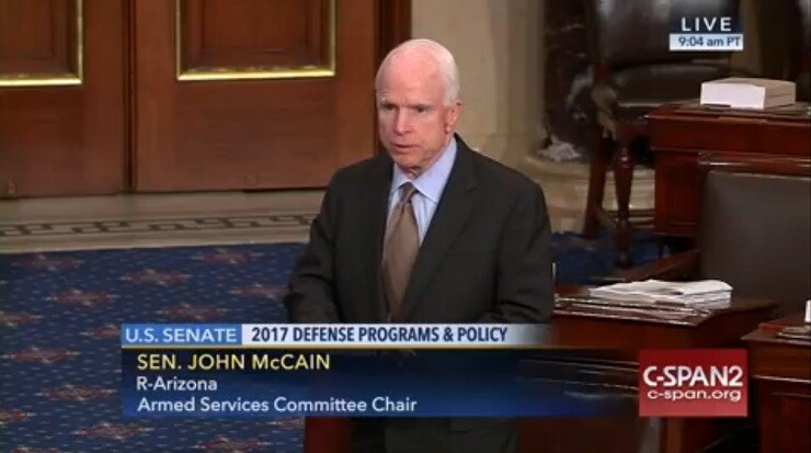 Sen. John McCain (R-AZ), chairman of the Senate Armed Services Committee, discusses the "National Defense Authorization Act" on the Senate floor prior to the bill’s passage.