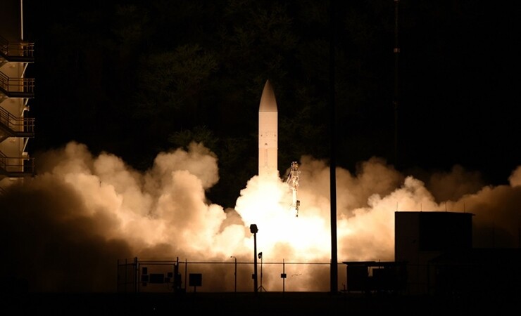 A common hypersonic glide body launches during a March 2020 test at the Pacific Missile Range Facility in Hawaii. 