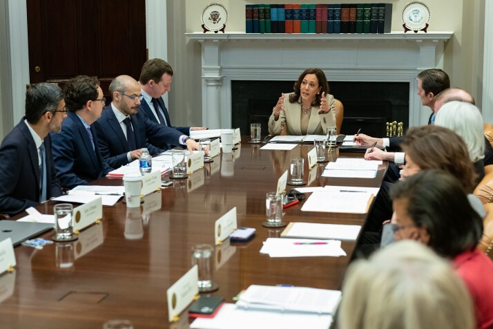 Vice President Kamala Harris attends a meeting with Artificial Intelligence (AI) CEO’s, Cabinet members and senior advisers, Thursday, May 4, 2023, in the Roosevelt Room of the White House. CEO’s in attendance are Sam Altman of OpenAI, Dario Amodei of Anthropic, Satya Nadella of Microsoft, and Sundar Pichai of Alphabet.