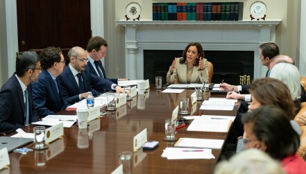 Vice President Kamala Harris attends a meeting with Artificial Intelligence (AI) CEO’s, Cabinet members and senior advisers, Thursday, May 4, 2023, in the Roosevelt Room of the White House. CEO’s in attendance are Sam Altman of OpenAI, Dario Amodei of Anthropic, Satya Nadella of Microsoft, and Sundar Pichai of Alphabet.