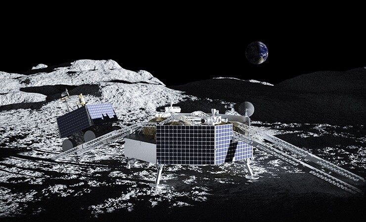 An illustration of NASA’s VIPER, which will search for water deposits near the lunar south pole, emerging from a landing craft developed and operated by Astrobotic.