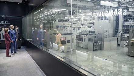 President Joe Biden participates in a tour, Friday, May 20, 2022, at Samsung Electronics Pyeongtaek Campus in Pyeongtaek, South Korea. 