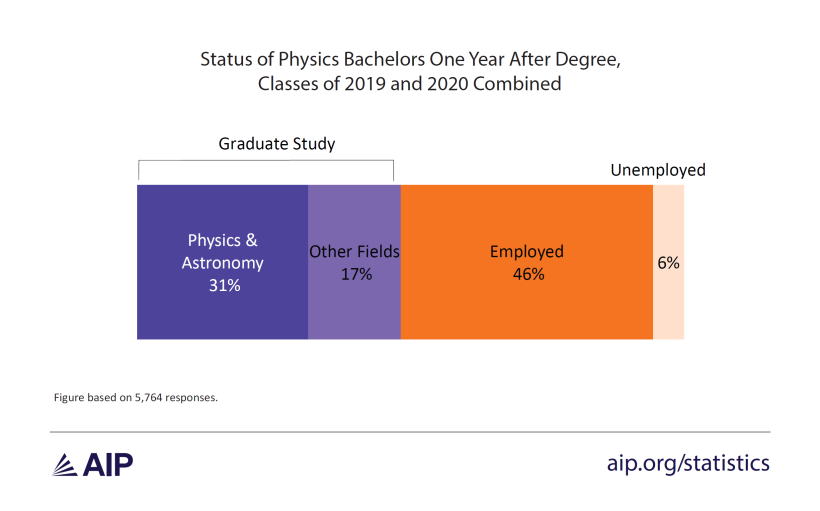 Figure 1: Status of Physics Bachelors One Year After Degree. 31% of respondents were in graduate school studying physics or astronomy. 17% were in graduate school in another subject. 46% were employed. 6% were unemployed.