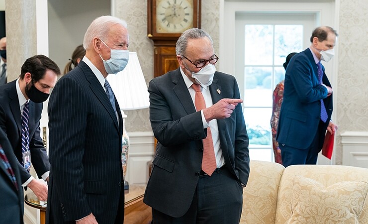 President Biden and Senate Majority Leader Chuck Schumer in the Oval Office earlier this month.  (Image credit – The White House)