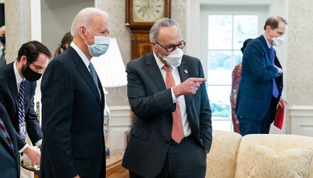 President Biden and Senate Majority Leader Chuck Schumer in the Oval Office earlier this month.  (Image credit – The White House)