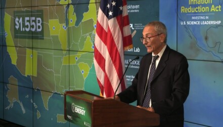 John Podesta, a top clean energy adviser to President Biden, discusses funding from the Inflation Reduction Act at an event at Argonne National Lab on Nov. 4, 2022.