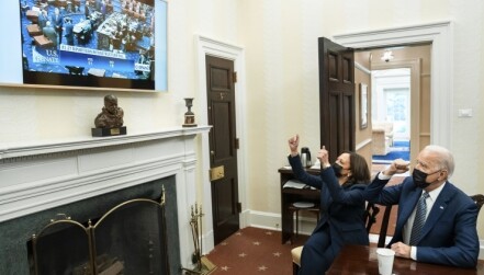 Joe Biden and Kamala Hafrris cheer Infrastructure Act