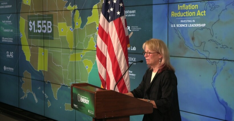 DOE Under Secretary for Science and Innovation Geri Richmond speaking at an Argonne National Lab event at which the department announced its allocation of funding from the Inflation Reduction Act