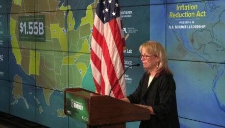 DOE Under Secretary for Science and Innovation Geri Richmond speaking at an Argonne National Lab event at which the department announced its allocation of funding from the Inflation Reduction Act