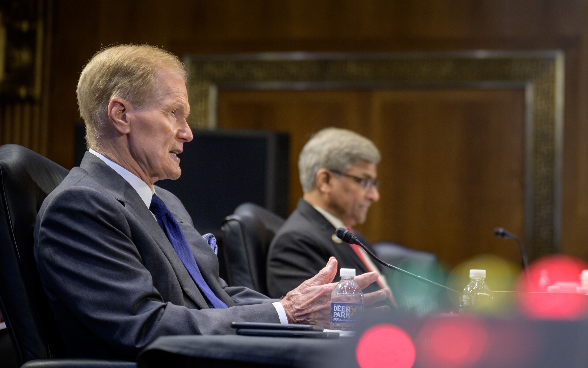 NASA Administrator Bill Nelson and NSF Director Sethuraman Panchanathan pictured testifying before the Senate Appropriations Committee 