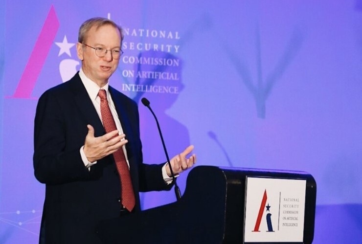 National Security Commission on Artificial Intelligence Chair and former Google CEO Eric Schmidt speaking at a NSCAI conference in 2019.