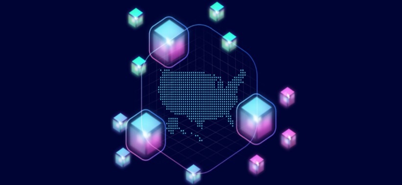 An artistic rendering of a network of hubs over a map of the US