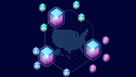 An artistic rendering of a network of hubs over a map of the US