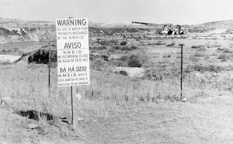 Warning signs placed to discourage use of water near the site of a 1979 uranium mill spill in Church Rock, New Mexico.