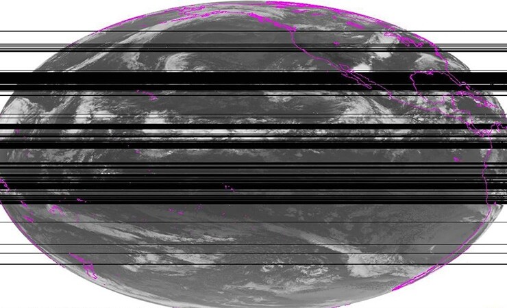 Gaps in satellite weather data caused by radio spectrum interference. 