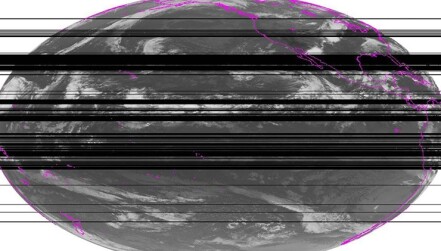 Gaps in satellite weather data caused by radio spectrum interference. 