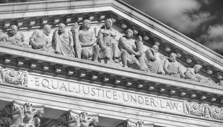 Supreme Court Building, close up on the top façade reading "Equal Justice Under Law"