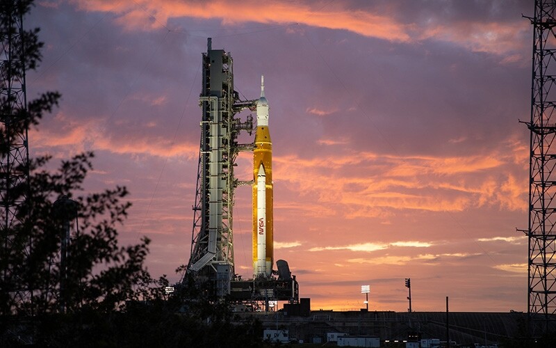 NASA’s Space Launch System rocket sits on the launch pad ahead of a rehearsal for the launch of the Artemis I mission