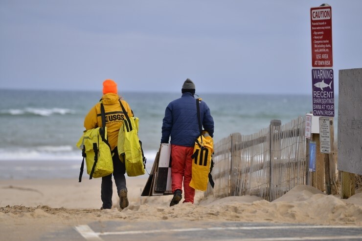 USGS scientists conducted near-shore bathymetric surveys on Cape Cod National Seashore in February 2021.