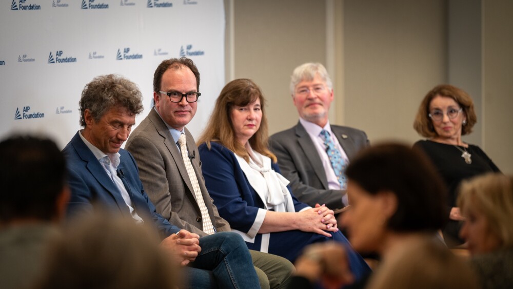 AIPF panel Evgeni Gousev, Jesse Thaler, Valerie Browning, Walter Copan, and moderator, France Córdova