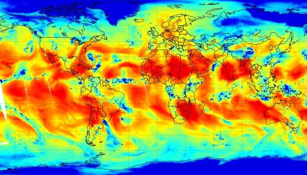 An image of water vapor distribution produced with data from the Advanced Technology Microwave Sounder on one of NOAA’s polar orbiting weather satellites.  (Image credit – NOAA)