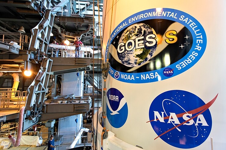 The payload fairing for the GOES-S (GOES 17) satellite, which launched in 2018 and became operational in 2019. NOAA is currently preparing two additional geostationary weather satellites for launch in the first half of the decade.