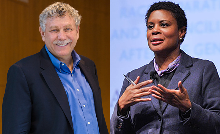 Geneticist Eric Lander, left, and sociologist Alondra Nelson.  (Image credits – Casey Atkins Photography / Broad Institute, Marleen Van Den Neste / NIH)