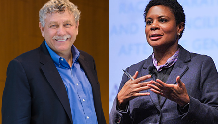 Geneticist Eric Lander, left, and sociologist Alondra Nelson.  (Image credits – Casey Atkins Photography / Broad Institute, Marleen Van Den Neste / NIH)