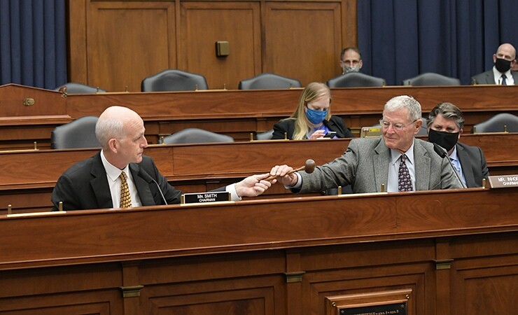 House Armed Services Committee Chair Adam Smith (D-WA) and then-Senate Armed Services Committee Chair Jim Inhofe (R-OK) in November 2020.