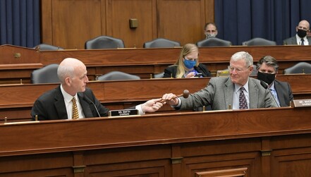 House Armed Services Committee Chair Adam Smith (D-WA) and then-Senate Armed Services Committee Chair Jim Inhofe (R-OK) in November 2020.