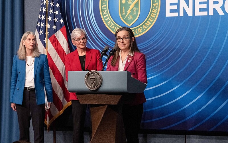 Lawrence Livermore National Lab Director Kim Budil speaking on Dec. 13, 2022 about the achievement of fusion ignition at the lab’s National Ignition Facility.