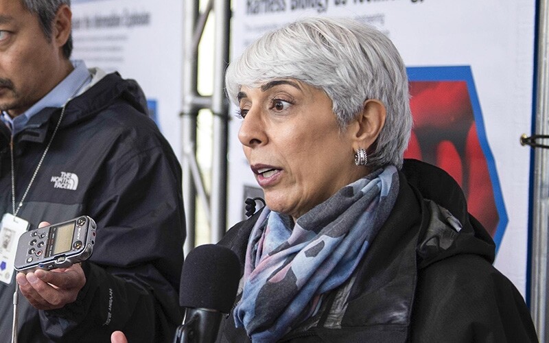 Then-DARPA Director Arati Prabhakar speaking with reporters in 2016.