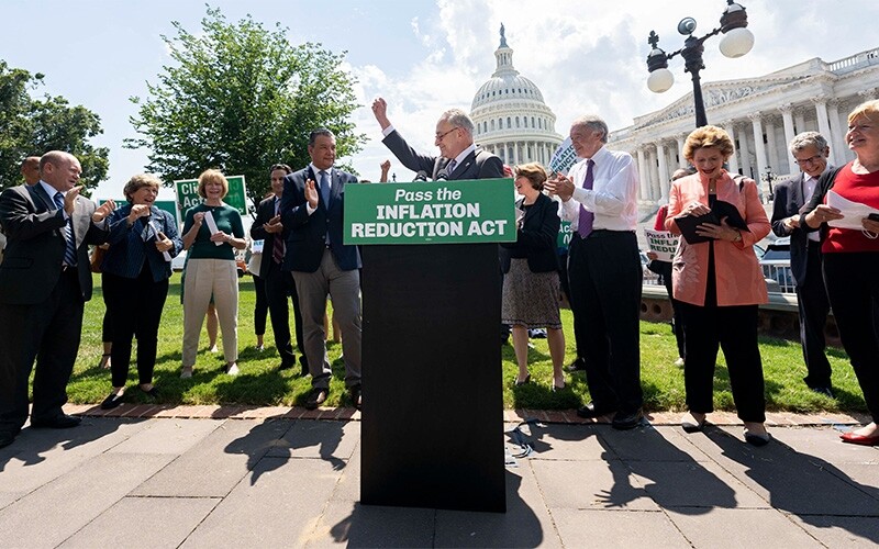 Senate Majority Leader Chuck Schumer (D-NY) at a press event rallying Democrats around the newly unveiled Inflation Reduction Act on Aug. 4.