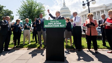 Senate Majority Leader Chuck Schumer (D-NY) at a press event rallying Democrats around the newly unveiled Inflation Reduction Act on Aug. 4.