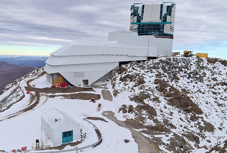 The Vera C. Rubin Observatory photographed in July 2020. The pandemic prevented the construction team from completing the telescope dome before the onset of winter in Chile.