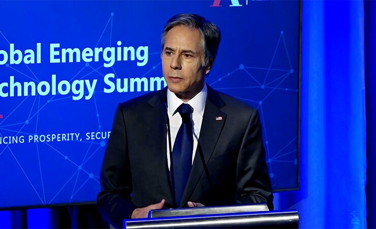 Secretary of State Tony Blinken addressing the Global Emerging Technology Summit convened by the National Security Commission on Artificial Intelligence on July 13.