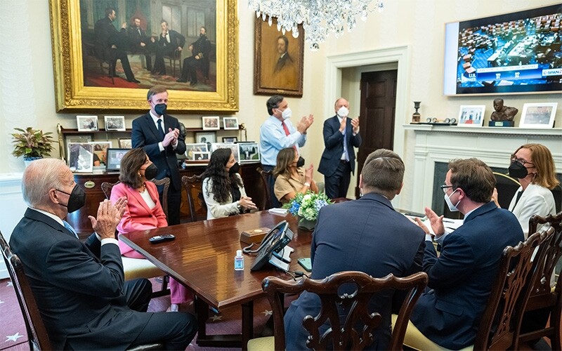 Biden watches the Senate vote on the Chips and Science Act