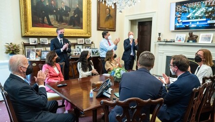 Biden watches the Senate vote on the Chips and Science Act