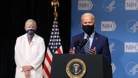 President Joe Biden delivering remarks alongside NIH Director Francis Collins during a visit to the National Institutes of Health in February.