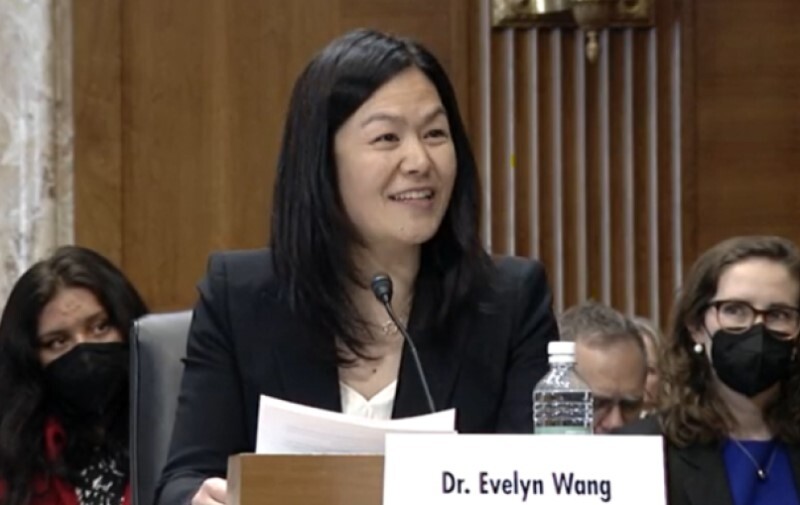 Evelyn Wang, seated and smiling while speaking