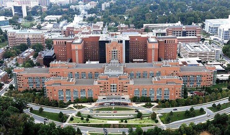 Aerial view of the Clinical Center at the NIH’s Bethesda campus in Bethesda, MD.