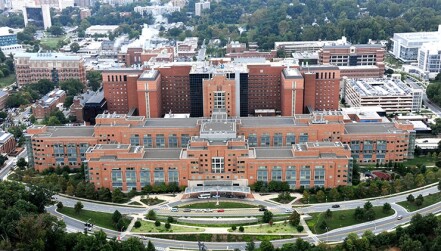 Aerial view of the Clinical Center at the NIH’s Bethesda campus in Bethesda, MD.