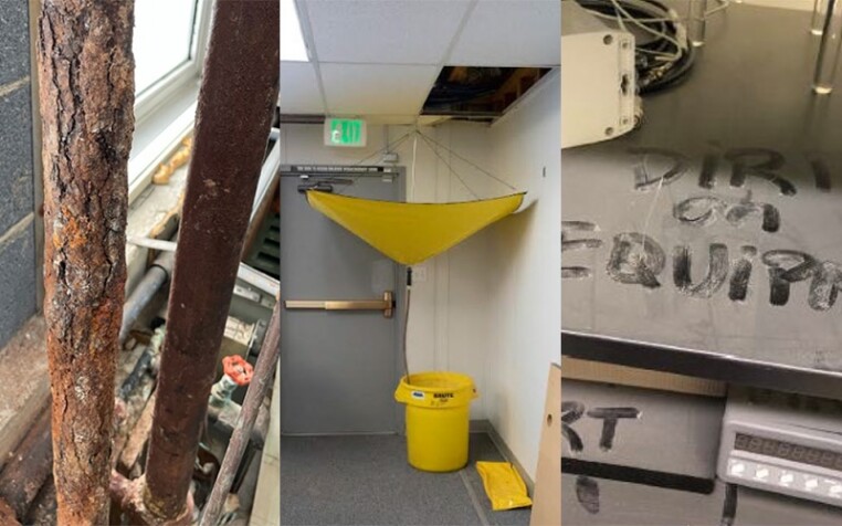 Examples of poor facility conditions at the National Institute of Standards and Technology included in a previous National Academies report on the subject. From left, corroded piping, a leaking ceiling, and a dust-ridden lab space.