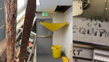 Examples of poor facility conditions at the National Institute of Standards and Technology included in a new National Academies report on the subject. From left, corroded piping, a leaking ceiling, and a dust-ridden lab space.