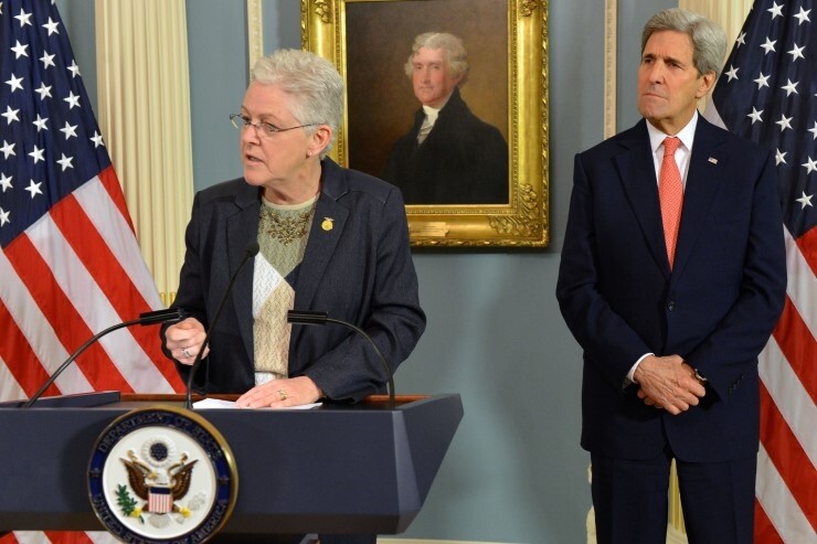 Then-EPA Administrator Gina McCarthy and Secretary of State John Kerry in 2015. They will respectively serve as top advisors on domestic and international climate policy&nbsp;in the Biden administration.