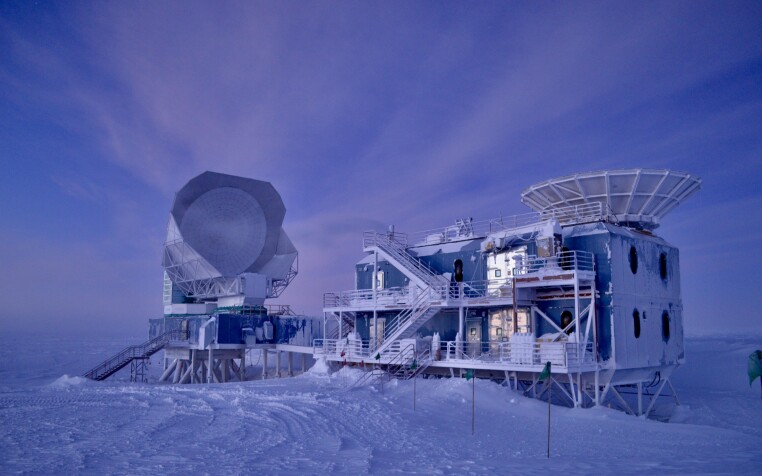 A cosmic microwave background telescope at the South Pole near where the proposed CMB-S4 telescopes would be placed.